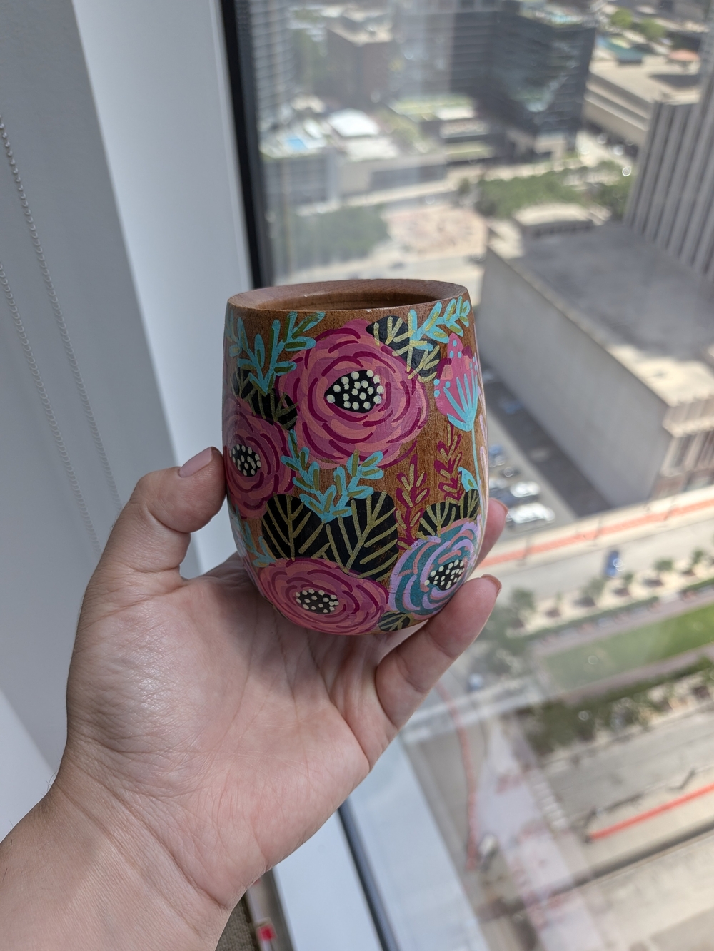 Handpainted Floral Wooden Mate Cup/ Gou - Pink & Teal Flowers, With Gold Accents